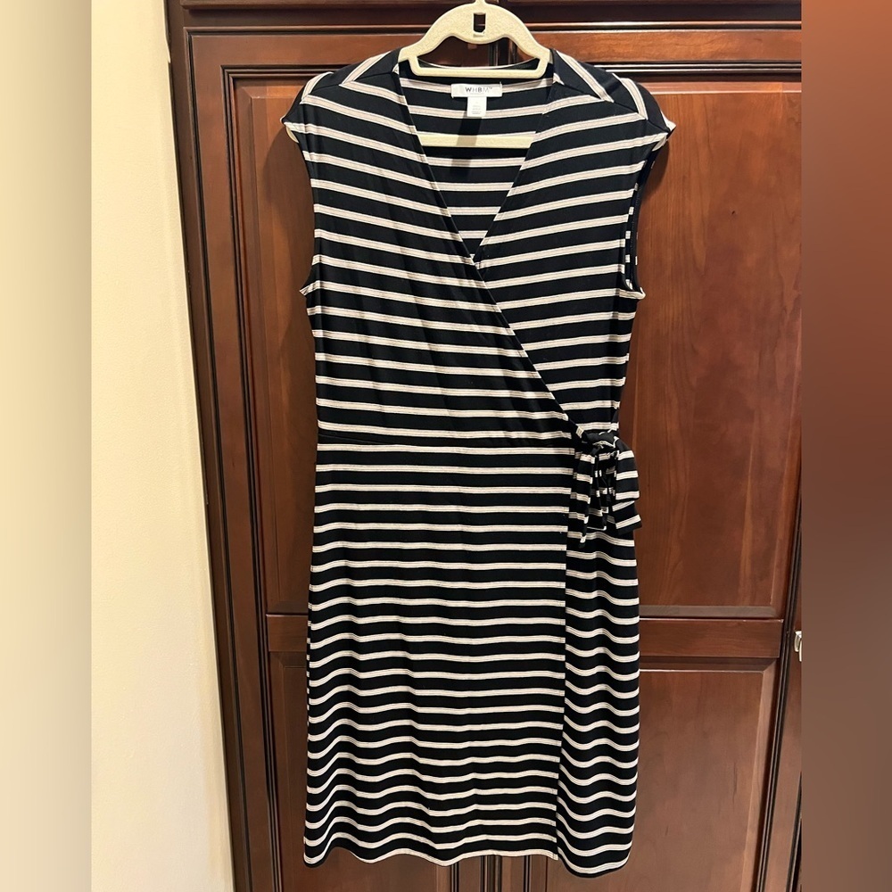 WHBH Striped Black and Cream Wrap Look Dress - 10
